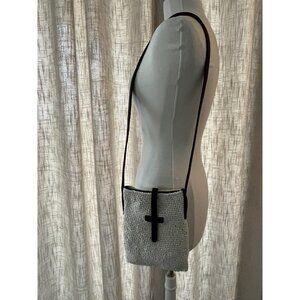 Ivory macrame rope and brown leather rectangle crossbody bag purse casual lined